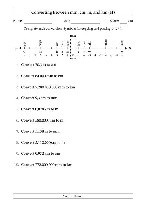 The Converting Between Millimetres, Centimetres, Metres and Kilometres (Euro Number Format) (H) Math Worksheet
