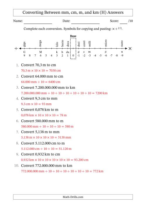 The Converting Between Millimetres, Centimetres, Metres and Kilometres (Euro Number Format) (H) Math Worksheet Page 2