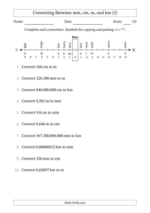 The Converting Between Millimetres, Centimetres, Metres and Kilometres (Euro Number Format) (J) Math Worksheet