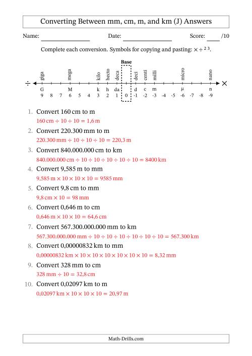 The Converting Between Millimetres, Centimetres, Metres and Kilometres (Euro Number Format) (J) Math Worksheet Page 2
