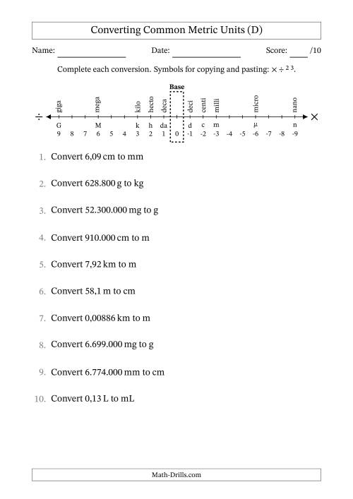 The Converting Between Common Metric Length, Mass and Volume Units (Euro Number Format) (D) Math Worksheet