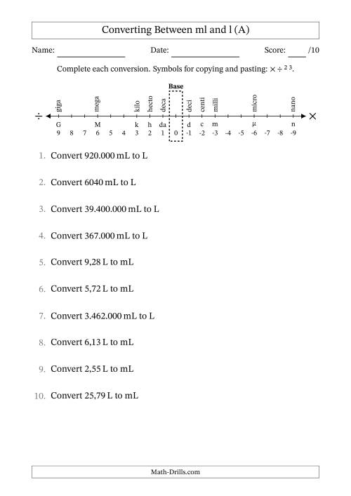 The Converting Between Millilitres and Litres (Euro Number Format) (A) Math Worksheet