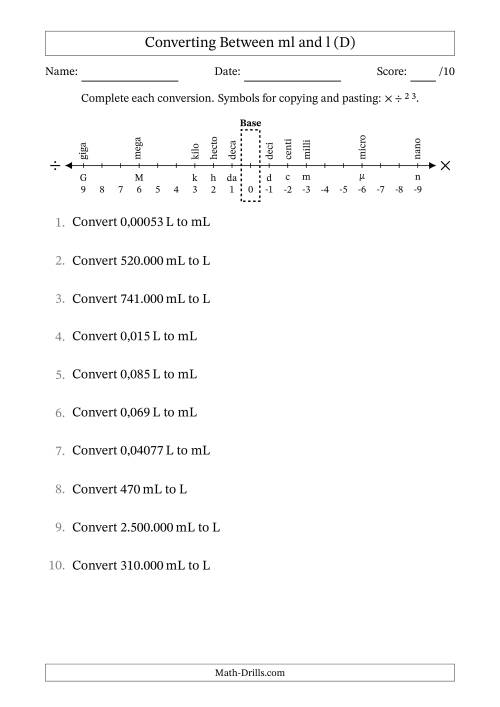 The Converting Between Millilitres and Litres (Euro Number Format) (D) Math Worksheet