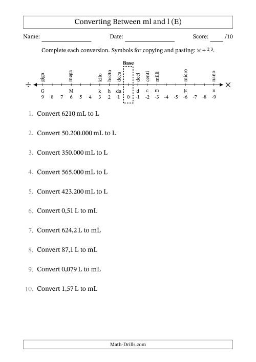 The Converting Between Millilitres and Litres (Euro Number Format) (E) Math Worksheet