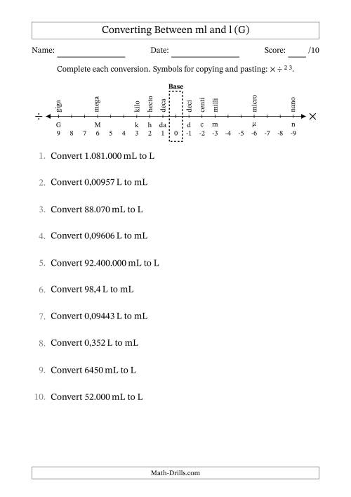 The Converting Between Millilitres and Litres (Euro Number Format) (G) Math Worksheet