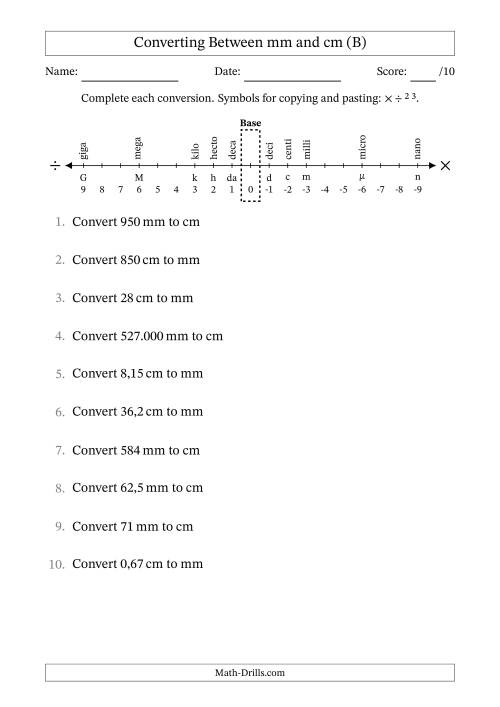 The Converting Between Centimetres and Millimetres (Euro Number Format) (B) Math Worksheet