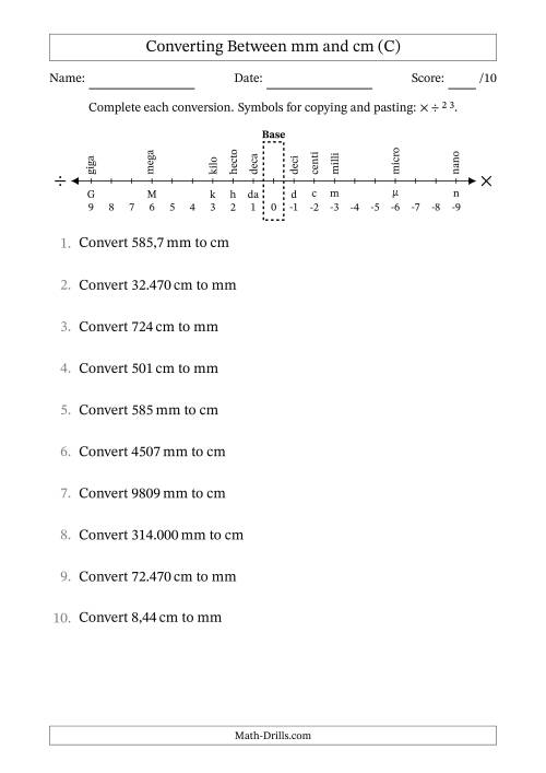 The Converting Between Centimetres and Millimetres (Euro Number Format) (C) Math Worksheet