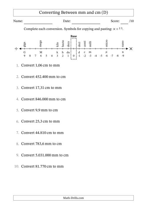 The Converting Between Centimetres and Millimetres (Euro Number Format) (D) Math Worksheet