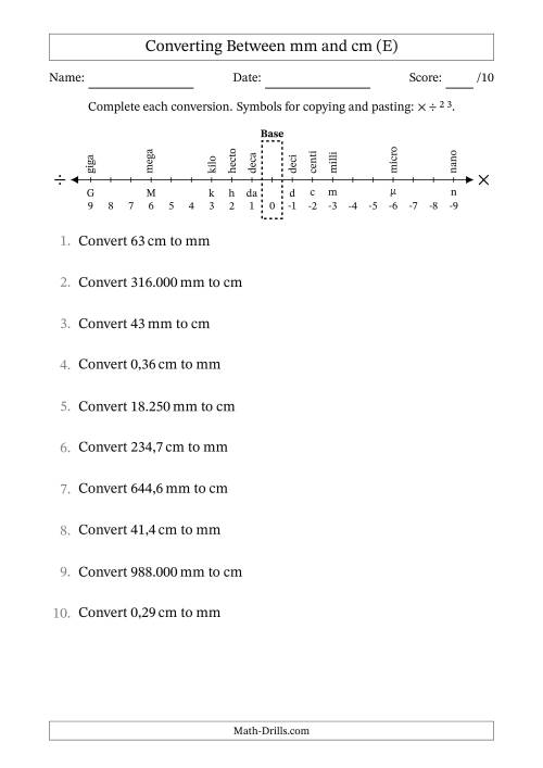The Converting Between Centimetres and Millimetres (Euro Number Format) (E) Math Worksheet