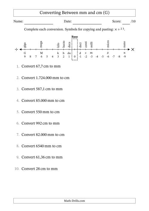 The Converting Between Centimetres and Millimetres (Euro Number Format) (G) Math Worksheet