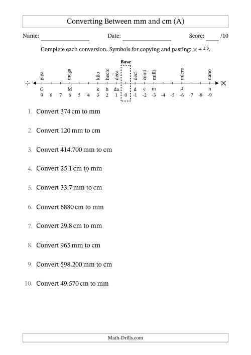 The Converting Between Centimetres and Millimetres (Euro Number Format) (All) Math Worksheet