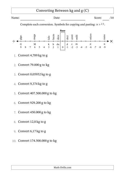 The Converting Between Kilograms and Grams (Euro Number Format) (C) Math Worksheet