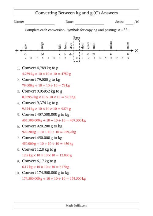 The Converting Between Kilograms and Grams (Euro Number Format) (C) Math Worksheet Page 2