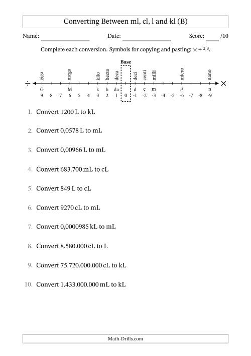 The Converting Between Millilitres, Centilitres, Litres and Kilolitres (Euro Number Format) (B) Math Worksheet