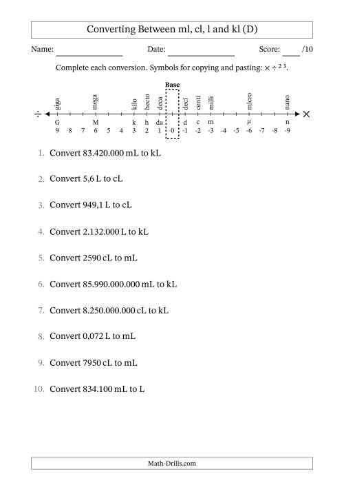 The Converting Between Millilitres, Centilitres, Litres and Kilolitres (Euro Number Format) (D) Math Worksheet