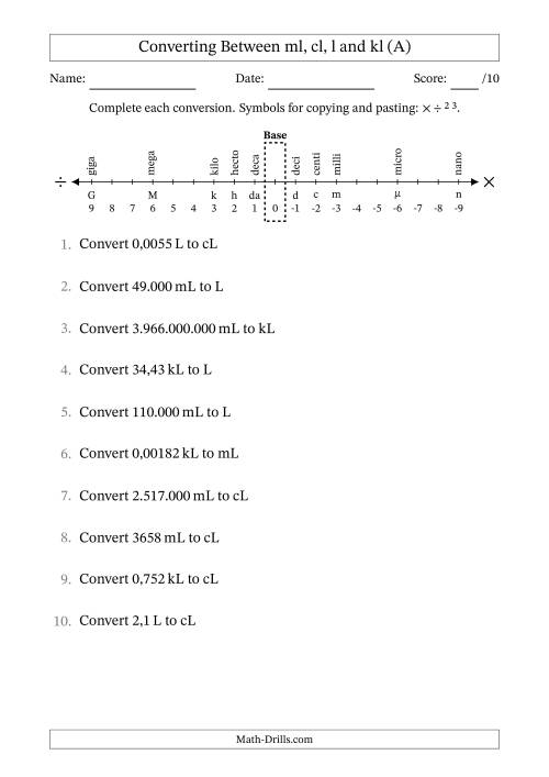 The Converting Between Millilitres, Centilitres, Litres and Kilolitres (Euro Number Format) (All) Math Worksheet
