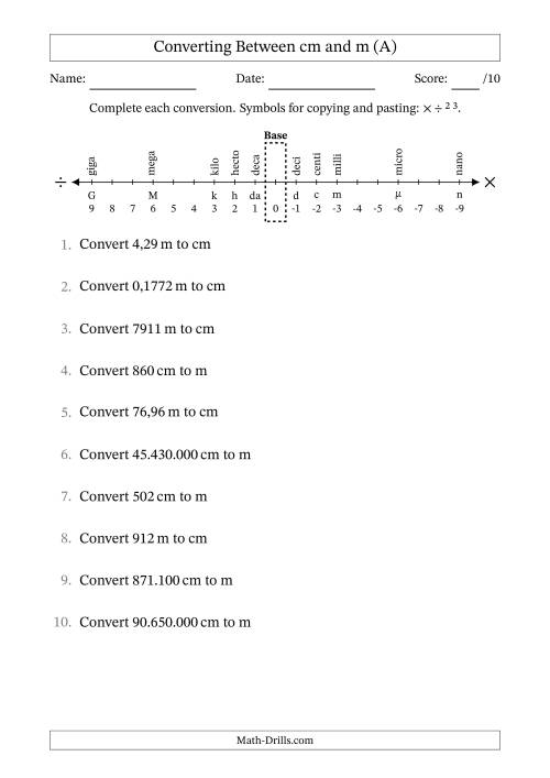 The Converting Between Metres and Centimetres (Euro Number Format) (A) Math Worksheet