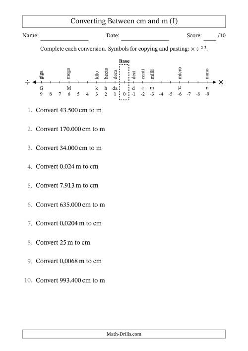 The Converting Between Metres and Centimetres (Euro Number Format) (I) Math Worksheet