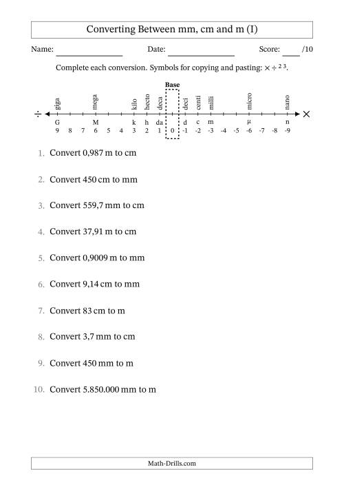 The Converting Between Metres, Centimetres and Millimetres (Euro Number Format) (I) Math Worksheet
