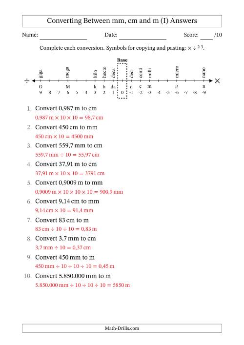 The Converting Between Metres, Centimetres and Millimetres (Euro Number Format) (I) Math Worksheet Page 2