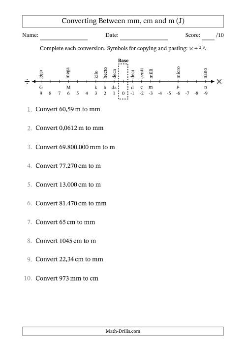 The Converting Between Metres, Centimetres and Millimetres (Euro Number Format) (J) Math Worksheet