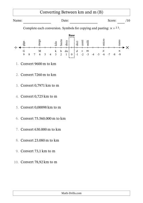 The Converting Between Kilometres and Metres (Euro Number Format) (B) Math Worksheet