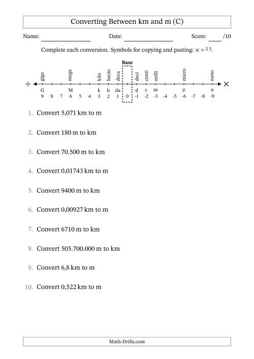 The Converting Between Kilometres and Metres (Euro Number Format) (C) Math Worksheet