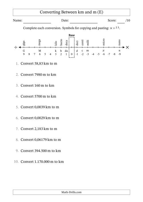 The Converting Between Kilometres and Metres (Euro Number Format) (E) Math Worksheet
