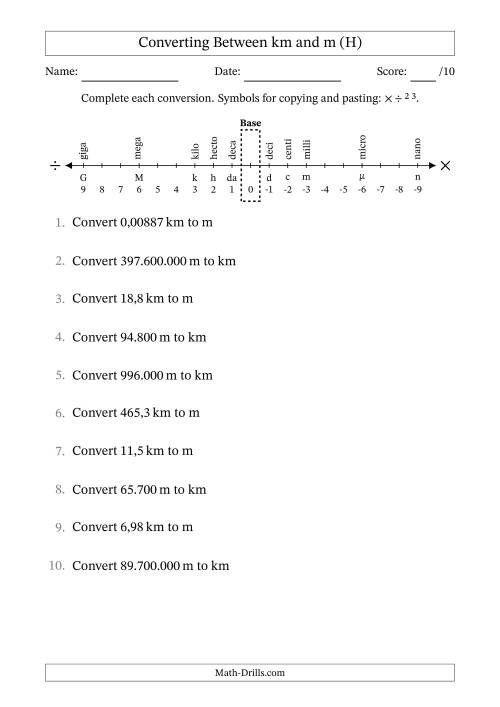 The Converting Between Kilometres and Metres (Euro Number Format) (H) Math Worksheet