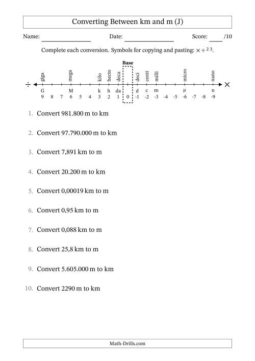 The Converting Between Kilometres and Metres (Euro Number Format) (J) Math Worksheet