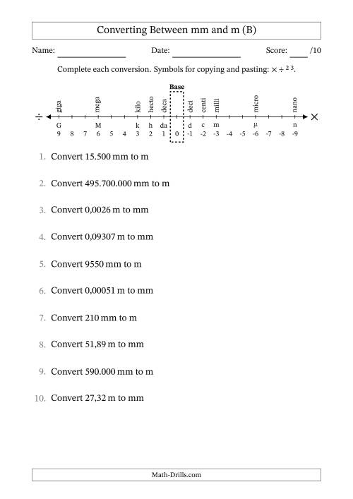 The Converting Between Metres and Millimetres (Euro Number Format) (B) Math Worksheet