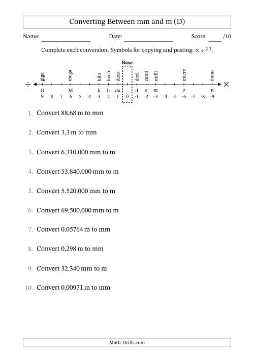 The Converting Between Metres and Millimetres (Euro Number Format) (D) Math Worksheet