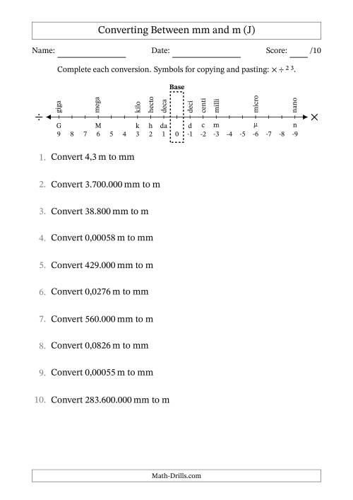 The Converting Between Metres and Millimetres (Euro Number Format) (J) Math Worksheet