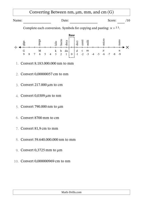 The Converting Between Nanometres, Micrometres, Millimetres and Centimetres (Euro Number Format) (G) Math Worksheet