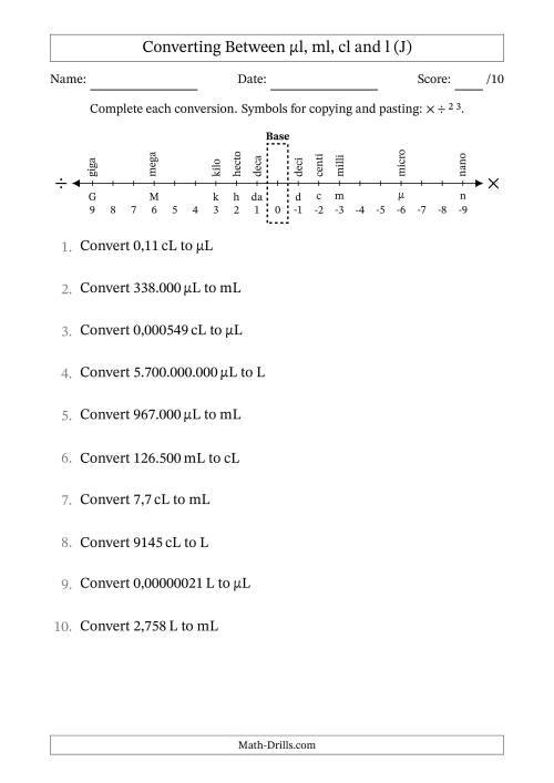 The Converting Between Microlitres, Millilitres, Centilitres and Litres (Euro Number Format) (J) Math Worksheet