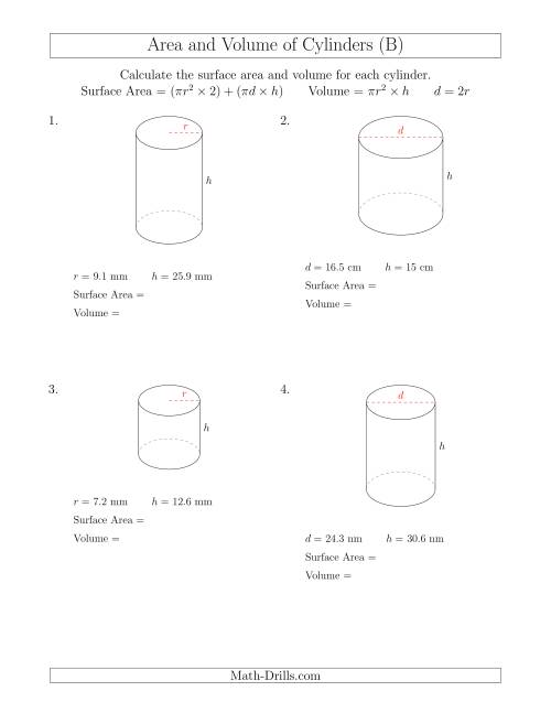 The Calculating Surface Area and Volume of Cylinders (B) Math Worksheet