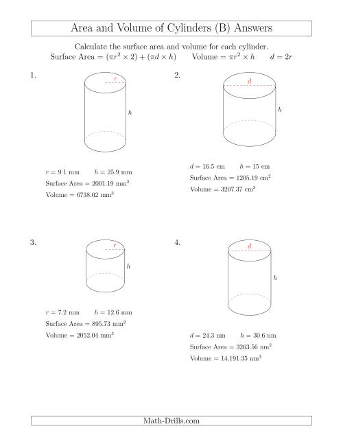The Calculating Surface Area and Volume of Cylinders (B) Math Worksheet Page 2
