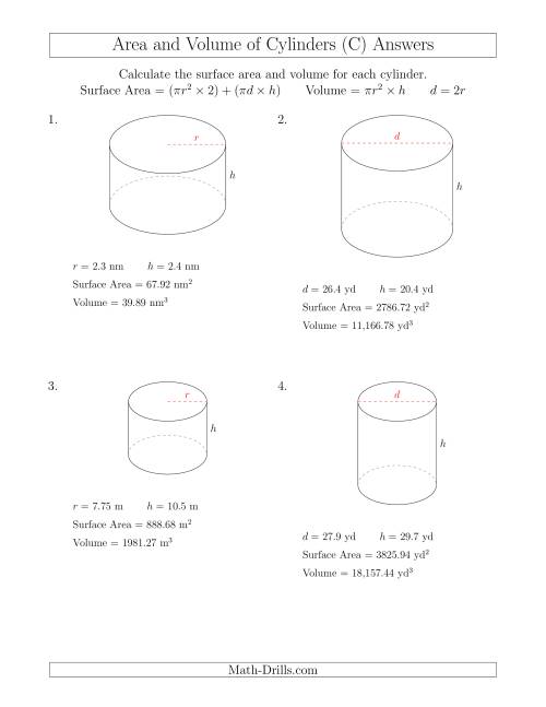 The Calculating Surface Area and Volume of Cylinders (C) Math Worksheet Page 2
