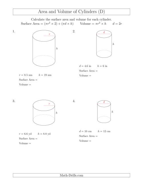 The Calculating Surface Area and Volume of Cylinders (D) Math Worksheet