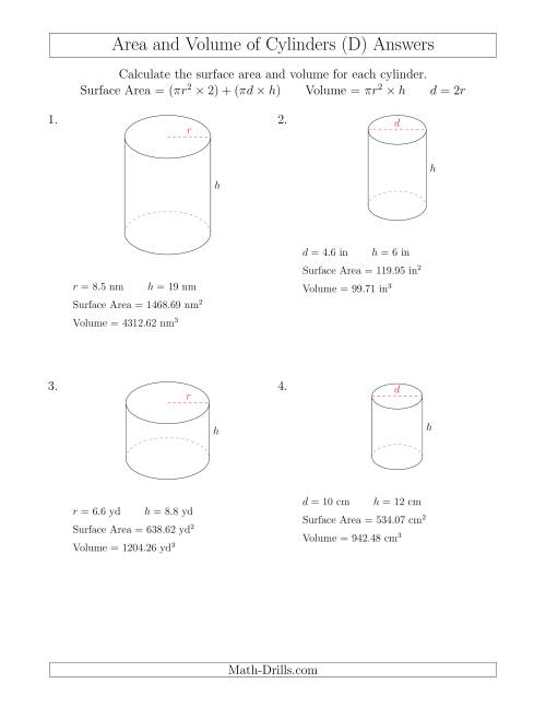 The Calculating Surface Area and Volume of Cylinders (D) Math Worksheet Page 2