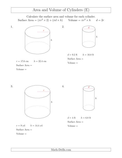 The Calculating Surface Area and Volume of Cylinders (E) Math Worksheet