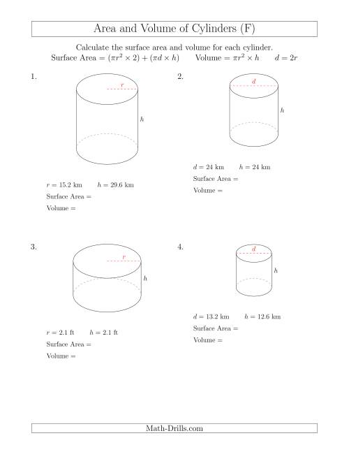 The Calculating Surface Area and Volume of Cylinders (F) Math Worksheet