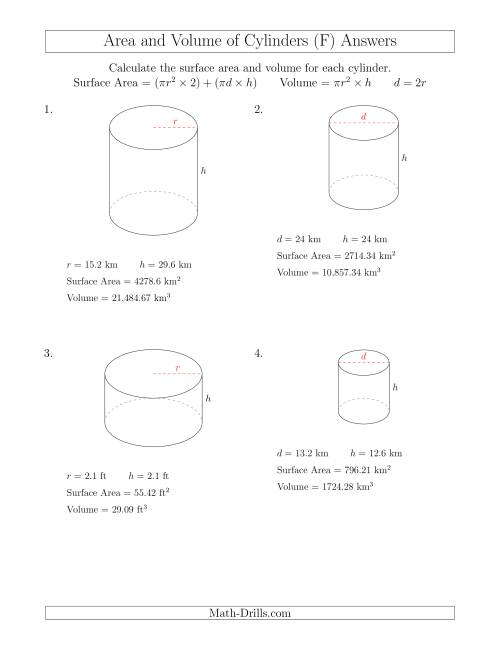 The Calculating Surface Area and Volume of Cylinders (F) Math Worksheet Page 2