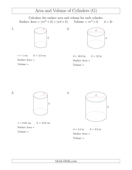 The Calculating Surface Area and Volume of Cylinders (G) Math Worksheet