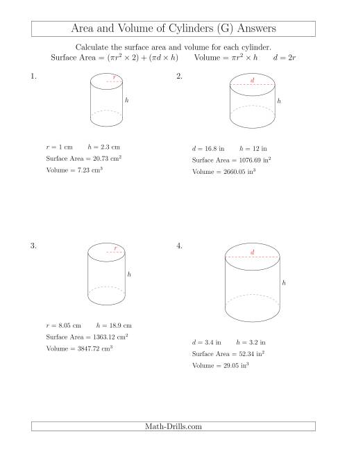 The Calculating Surface Area and Volume of Cylinders (G) Math Worksheet Page 2