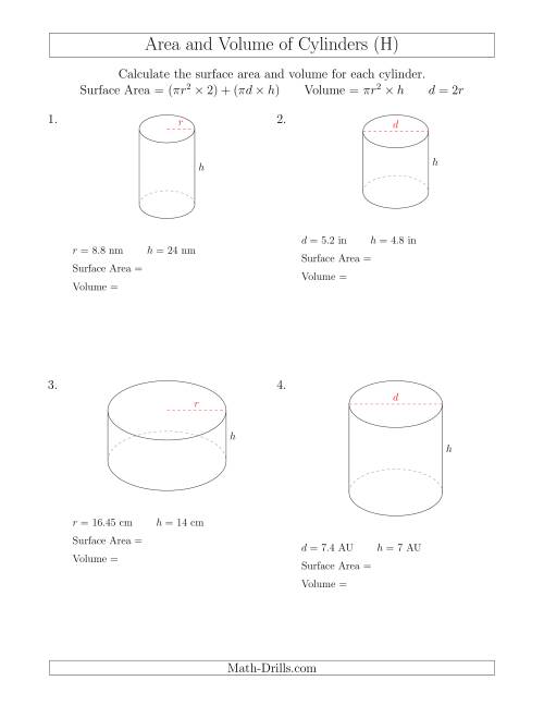 The Calculating Surface Area and Volume of Cylinders (H) Math Worksheet