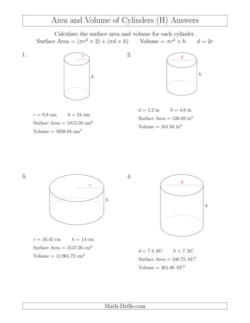 The Calculating Surface Area and Volume of Cylinders (H) Math Worksheet Page 2