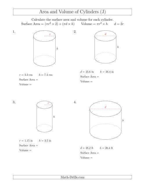 The Calculating Surface Area and Volume of Cylinders (J) Math Worksheet