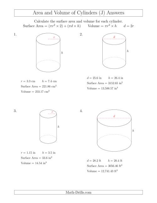 The Calculating Surface Area and Volume of Cylinders (J) Math Worksheet Page 2