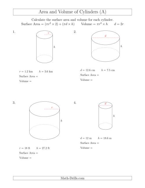The Calculating Surface Area and Volume of Cylinders (All) Math Worksheet